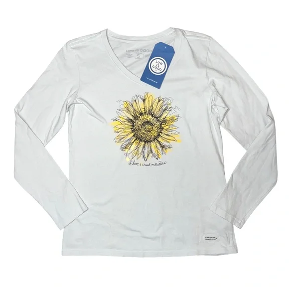 Life Is Good Beige V Neck Yellow Flower Long Sleeve Shirt NWT Small Graphic - Picture 1 of 6